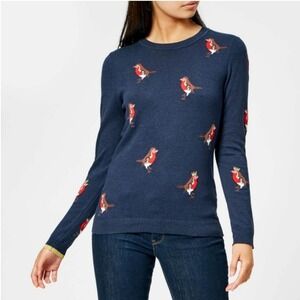 Joules Festive Robin Navy Blue Bird Crown Knit Sweater Size 2